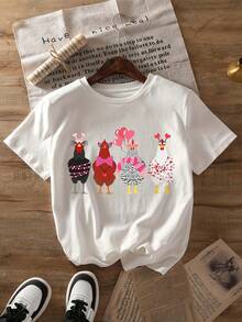 Camiseta de Mujer con Estampado de Pollitos para el Día de San Valentín - 4 Lindos Diseños de Corazones y Pollitos de Dibujos Animados, Manga Corta, Cuello Redondo, Estilo Casual, Camiseta Lavable a Máquina para Primavera/Verano, Diseño Bonito, Corte Regularropa de calor mujer - Blanco - Ver 7