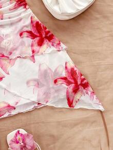 Vestido romántico para vacaciones con estampado floral, cuello halter en V, cuello con lazo, malla fruncida, para uso en la play - Blanco - Ver 4