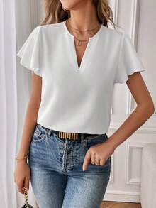 Camisa de mujer de unicolor con escote en V entallado y manga corta, informal y adecuada para el trabajo, blusas de manga corta - Blanco - Ver 5