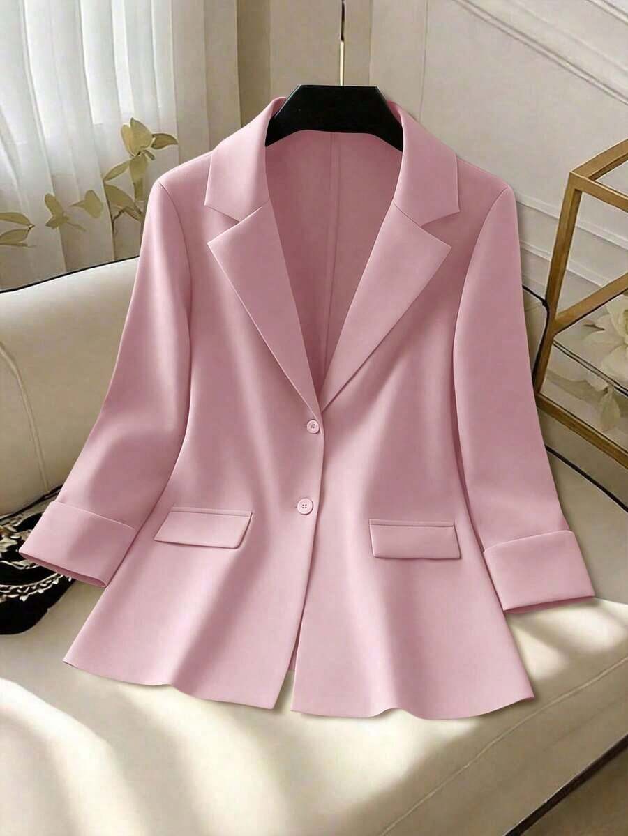 Clasi Chaqueta ligera de estilo casual de negocios para mujer, con cuello de solapa, apta para el lugar de trabajo, de unicolor, para primavera/otoño - Rosa - Ver 1