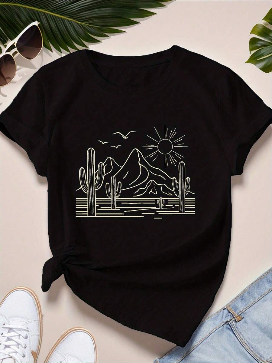 Women's Short Sleeve Sports T-Shirt, Size, Minimalist Design With Desert Landscape - Black - View 1