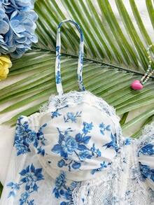 Camiseta de malla con estampado floral vintage romántico para mujer, adecuada para vacaciones, citas, té de la tarde, festivales de música, estilo bohemio - Azul y blanco 2 - Ver 4