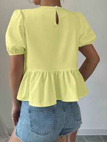 Blusa de verano de mujer con cuello redondo, manga corta abullonada, lazo y volante en la cintura - Amarillo - Ver 2