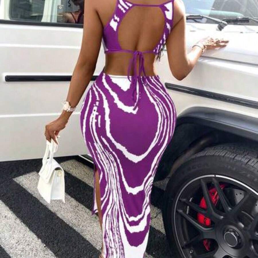 BamGlam Graphic Print Striped Brush Print Bodycon Dress Split Hem Cami Dress Maxi Women Outfit - Morado - Ver 1