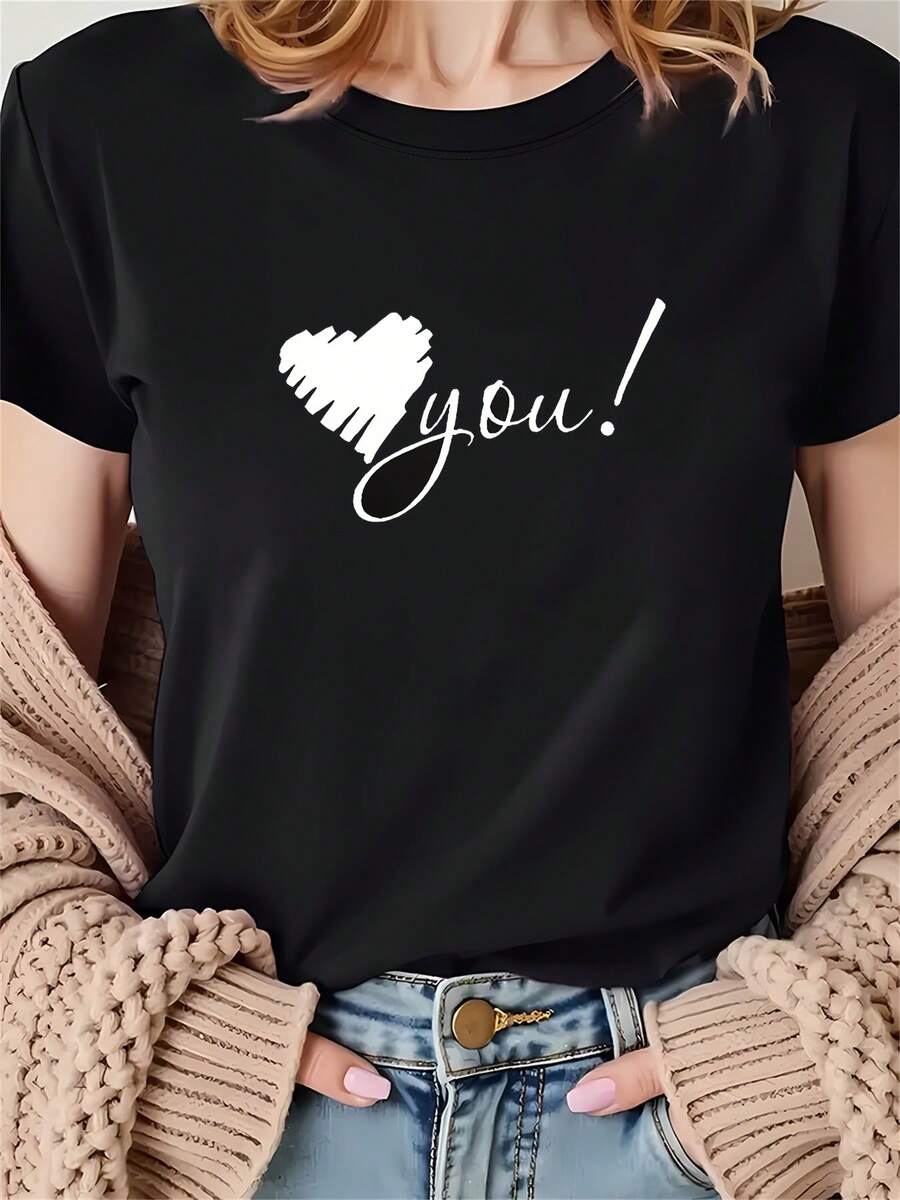 Talla Grande, Talla Grande - Camiseta Negra Oversize con Estampado de Corazón "Te Amo", Cuello Redondo Casual, Manga Corta, Para Todas las Estaciones, Perfectara el Día de San Valentín alidas Informales