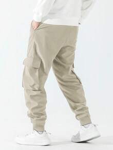 Pantalones cargo casuales de hombre con cordón y estampado de letras - Beis - Ver 2