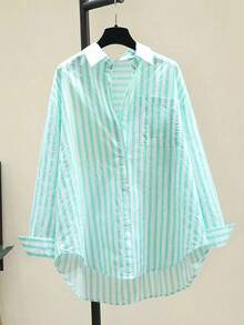 Camisa de manga larga casual con bolsillo en el pecho y estampado de rayas para mujeres, otoño e invierno - verde menta - Ver 1