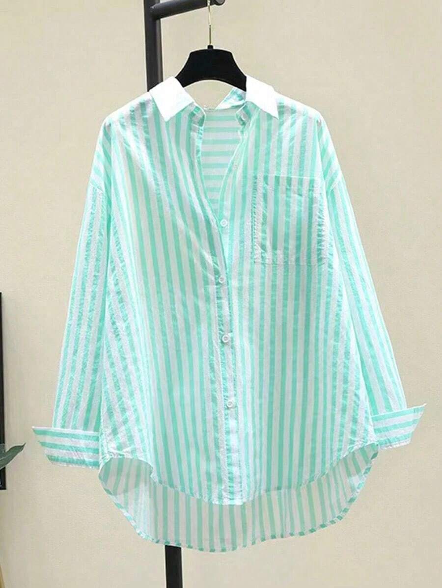 Camisa de manga larga casual con bolsillo en el pecho y estampado de rayas para mujeres, otoño e invierno - verde menta - Ver 1