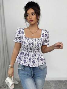 Blusa de mujer con estampado floral diminuto, mangas abullonadas y dobladillo con volantes - Púrpura malva - Ver 1
