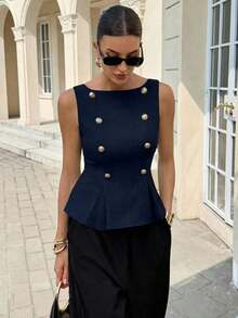 Blusa elegante sin mangas con cintura ceñida para uso diario, verano - Azul marino - Ver 8