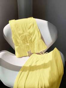 Conjunto de 2 piezas casual para mujer con top de cuello en V y pantalones en punto liso negro - Amarillo - Ver 5