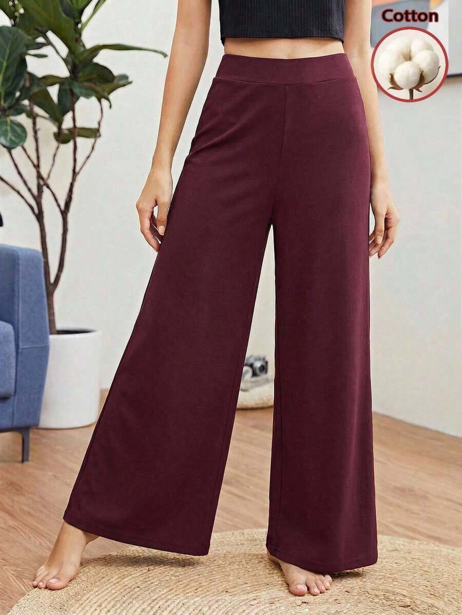 Pantalones holgados de pierna ancha de un solo color tipo palazzo, pantalones casuales de cintura alta y pierna ancha de viscosa negra suelta para mujeres, para uso profesional/de oficina/ropa de trabajo - Negro - Ver 1
