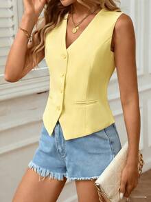 Chaleco sin mangas elegante y casual para uso diario en verano para mujeres - Amarillo - Ver 5