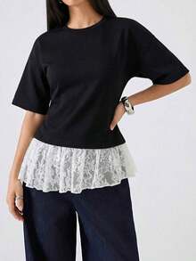 Camiseta de mujer de unicolor con cuello redondo, hombros caídos, manga corta, parche de encaje, bajo irregular con volantes - Blanco y Negro 2 - Ver 3