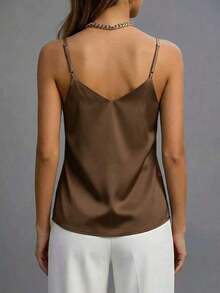 1 pieza Camiseta de satén sin mangas de verano para mujer, elegante top sin espalda de moda, adecuado para verano, citas por la noche, oficina, vacaciones, uso casual diario - Café oscuro - Ver 4