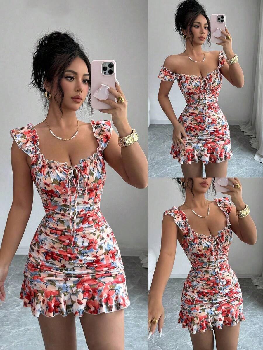 Vestido con estampado floral, volantes y bajo sexy para mujer - Naranja 2 - Ver 1
