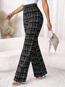 Pantalones elásticos de punto con estampado de cuadros elegantes para mujer, adecuados para varias ocasiones, como vacaciones de verano, viajes elegantes y uso diario - Blanco y Negro - Ver 12