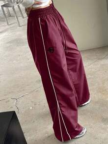 Casual Wide-Leg Trousers With Contrasting Drawstring And Piping - Rojo - View 3