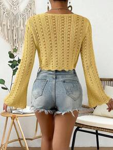 Cárdigan de punto calado de color liso casual para vacaciones - Amarillo 2 - Ver 2