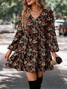 LUNE Vestido con cuello en V, estampado floral, manga farol y bajo con volantes, adecuado para otoño/invierno - Albaricoque - Ver 7