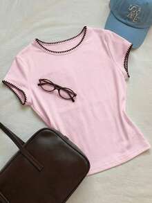 2026 Nueva Moda Camiseta Casual Versátil de Mujer con Cuello Redondo y Mangas Cortas, Contraste de Ribete, Top de Verano, Ropa de Primavera para Exteriores, Top Beige Casual Y2K - Rosa - Ver 2