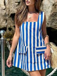 Conjunto de vacaciones para mujer: Vestido mini casual de playa de estilo bohemio con parches a rayas, elegante para el verano - Azul - Ver 1