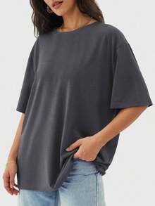 Camiseta holgada para mujer de manga corta y cuello redondo, camisa casual estilo Y2K, básica para deportes de verano - Gris Oscuro - Ver 2