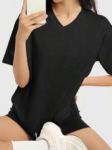 Camiseta holgada para mujer de manga corta y cuello redondo, camisa casual estilo Y2K, básica para deportes de verano - Negro 2 - Ver 2