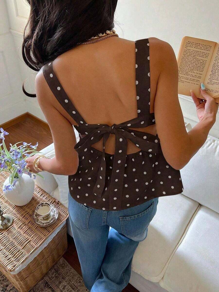 Camiseta de tirantes con volantes y lazo en la espalda con estampado de lunares para mujer - Café integral - Ver 1