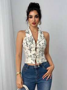 camisa sin mangas para ir al trabajo y de vacaciones con cuello vuelto, lazo y estampado floral 3D, color azul - Albaricoque - Ver 1