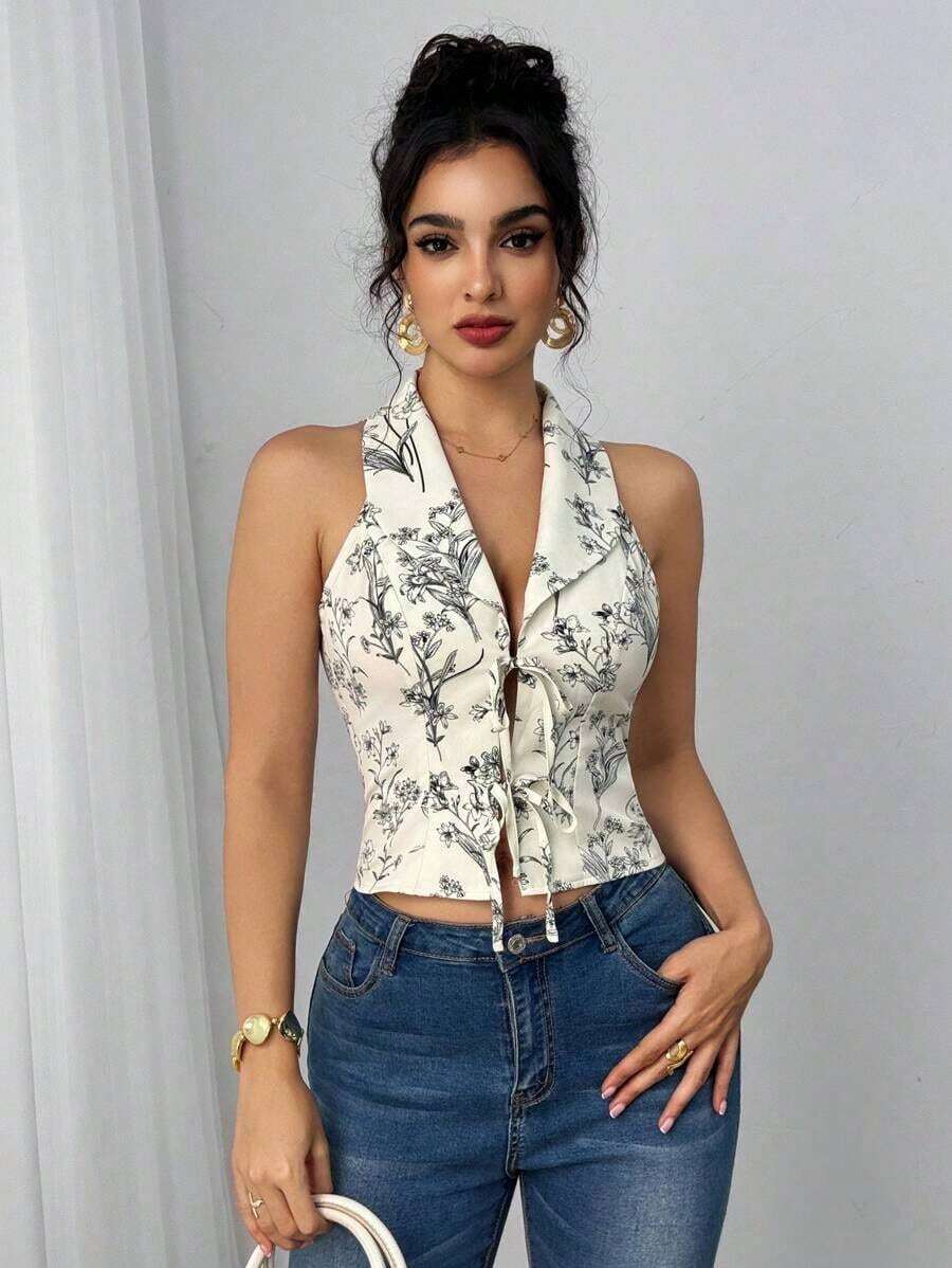 camisa sin mangas para ir al trabajo y de vacaciones con cuello vuelto, lazo y estampado floral 3D, color azul - Albaricoque - Ver 1