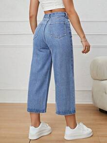 Jeans casuales de cintura alta con bolsillos y pierna ancha - Azul lavado medio - Ver 3