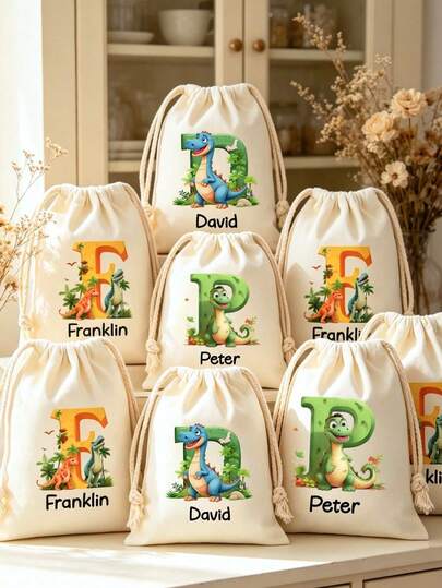 1Pc Customizable Drawstring Bag With Dinosaur Letter Personalized Design, Foldable Lightweight Large Capacity Canvas Sack, Multi-Compartment Portable Storage Pouch, Fashion Urban Chic Daily Sack Bag, Ideal For Back To School, School Supplies, Dorm Room Essentials, Teacher Gifts, College University Students