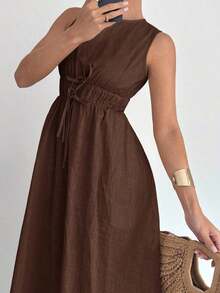 Vestido sin mangas de línea A de algodón y lino para mujer, primavera/verano - Marrón - Ver 5