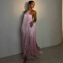 Sexy Halter Neck Backless Long Tassel Dress Gown - Baby Pink - View 6