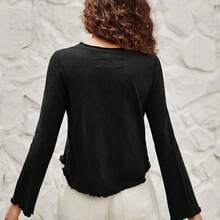 Lettuce Trim Trumpet Sleeve Asymmetrical Hem Tee - Verde militar - Ver 4