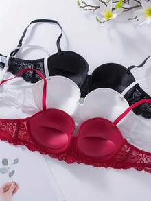 3pcs/Set Women's Lace Trim Push-Up Underwire Bra - Sexy Padded Lift Bra - Multicolor - View 3