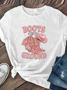 Camiseta de manga corta estilo vaquero occidental para mujer - Presenta un estampado de bota rosa y una bota con pedrería brillante, una blusa elegante y única de manga corta y cuello redondo, adecuada para fiestas campestres, rodeos y uso casual - Prenda transpirable para primavera/verano 100% algodón - Blanco - Ver 3