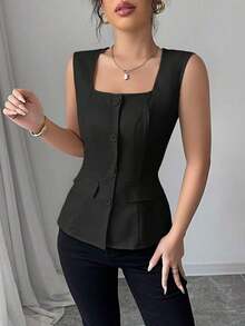 Blusa elegante de mujer con cuello cuadrado sin mangas, decoración con bolsillo falso, camisa ajustada de oficina, primavera/verano - Negro - Ver 6
