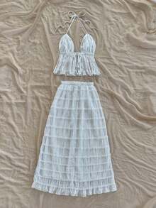 Nuevo top sin espalda con tirantes ajustables y textura, para primavera, verano, Pascua, festivales de música electrónica, estilo occidental para mujer, bohemio, vaquera, modesto, estilo fairy core, vacaciones tropicales, despedida de soltera, - Blanco - Ver 2