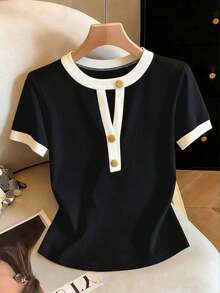 Blusa de mujer de cuello redondo con ribete de contraste, abotonadura metálica de media cartera, manga corta, ajustada y acortada.Top amarillo claro, top amarillo, top amarillo pastel, top de verano, top amarillo lindo, top amarillo para m - Negro - Ver 6