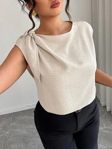 Camisa sin mangas de lino y algodón en beige con lazos en los hombros: informal para vacaciones, elegante para usar en la calle, adecuada para la oficina - Blusa talla grande para primavera y verano - Albaricoque - Ver 5