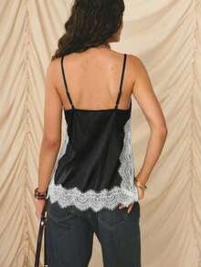 -E Elegante conjunto de vacaciones para mujer con top de tirantes finos, ajuste ceñido, de satén beige con ribete de encaje - Negro 2 - Ver 2
