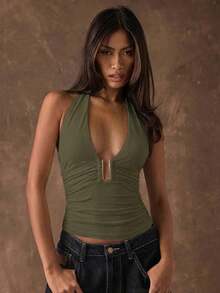 Blusa de mujer con escote halter y espalda descubierta con estampado de leopardo, adecuada para vacaciones de verano y fiestas - Verde militar - Ver 3