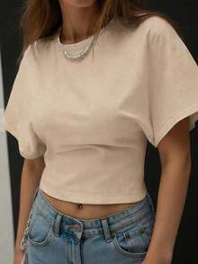 Camiseta blanca casual de mujer de cuello redondo y manga corta, holgada - Beis - Ver 6
