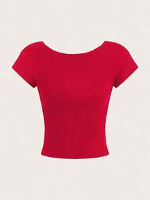 Camiseta casual de mujer de cuello de pico, manga corta y ajustada, versátil - Rojo - Ver 3