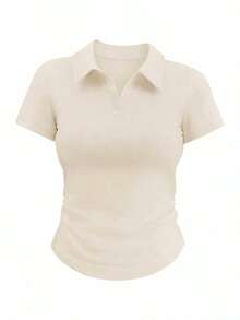 Camiseta de manga corta minimalista de unicolor para mujer, uso casual de todos los días - Caqui - Ver 6