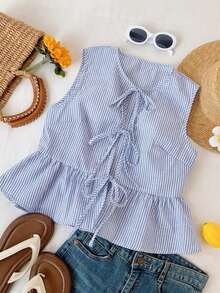 Blusa de rayas y estampado sin mangas para uso diario sencilla, tops sin mangas - Azul - Ver 6