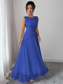 Vestido maxi casual, romántico, vintage y elegante de gasa para mujer con cordón en la cintura, para la playa, el té de la tarde, fiestas de noche, uso diario, sin mangas, de unicolor, vestido largo, primavera/verano - azul real - Ver 7