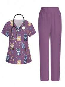 Conjunto de 2 piezas con top de manga corta con cuello en V blanco con bolsillo y diseño de oreja colgante, estampado de mariposa y flores, y pantalón recto para mujer, uniforme de enfermera de primavera/verano, conjunto casual, uniforme - Multicolor 6 - Ver 9